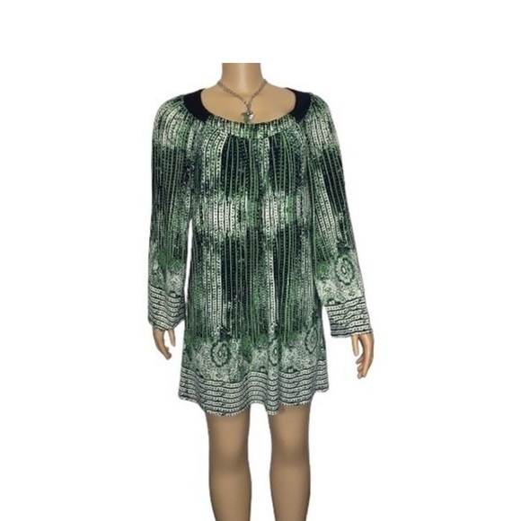 Beige By Eci Dress Mini Mod Tunic Boho Retro Green Black bell sleeves size M - Picture 11 of 14